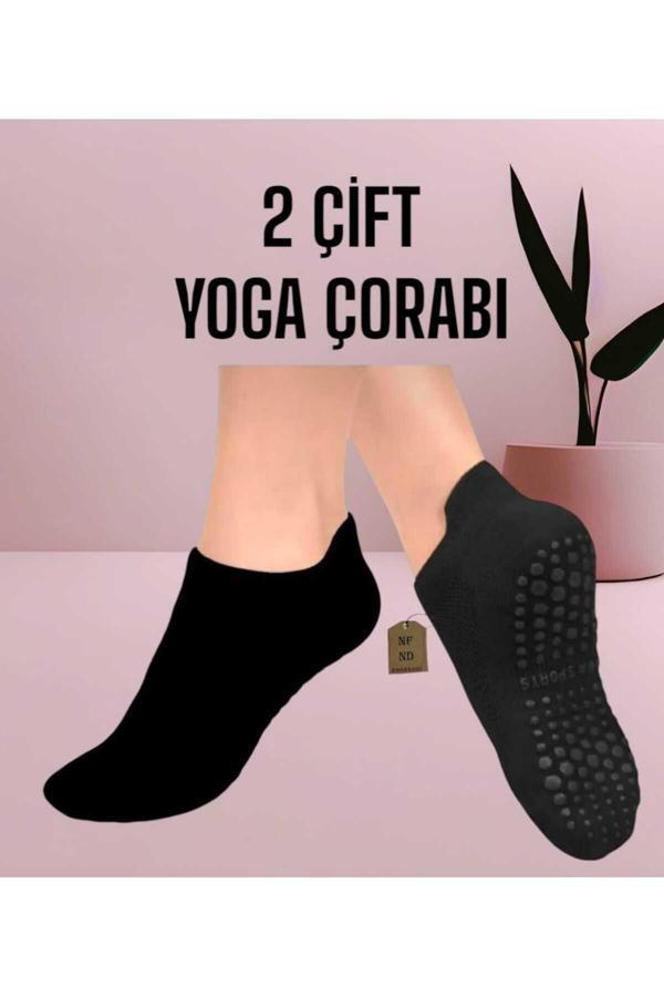 Enefendi 2 Çift Yoga Pilates Tavaf Dikişsiz Çorap Kadın Kaymaz Taban Pamuklu Silikon Baskılı Siyah - Image 1