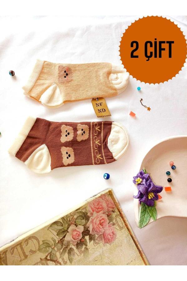 Enefendi 2 Çift Çorabı Burun Dikişsiz Patik Pamuklu Kısa Konç Desenli Kadın Çorap 36-40 Kahverengi - Image 1