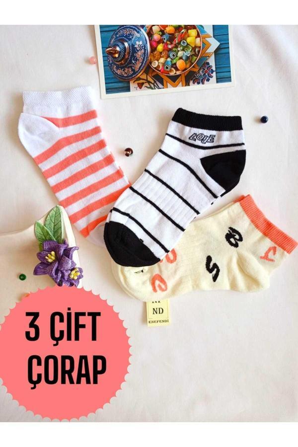 Enefendi 3 Çift Burun Dikişsiz Patik Çorap Yumuşak Kadın Pamuklu Kısa Konç Desenli Çorabı 36-40 - Image 1