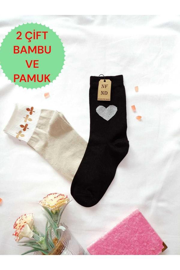 Enefendi 2 Çift Dikişsiz Soket Çorabı Yumuşak Kadın Siyah(Bambu Simli Kalpli) Krem(Pamuk) Çorap 36-40 - Image 1