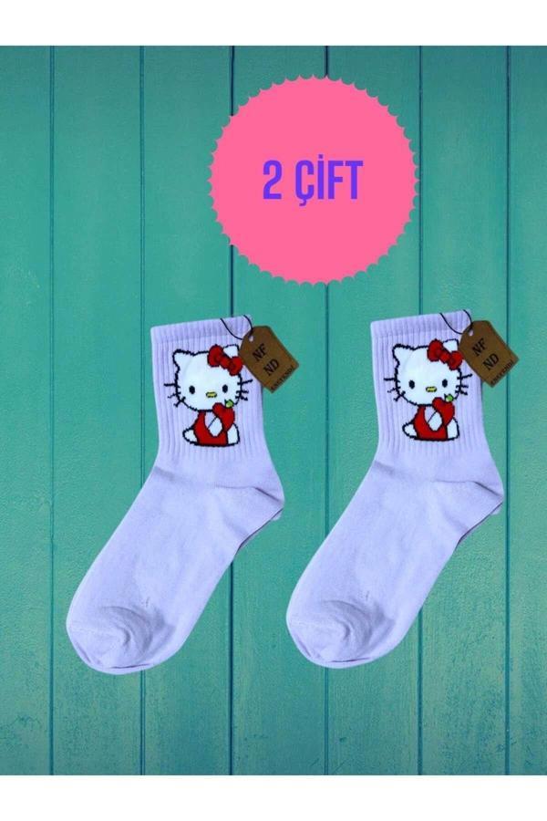 Enefendi 2 Çift Hello Kitty Çorap Yumuşak Rahat Şık Kısa Konç Desenli Uçukpembe Çorabı 36-40 - Image 1