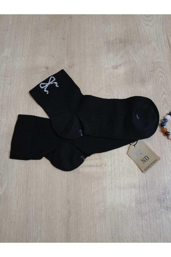 Enefendi Taşlı Çorap Kurdela Desenli Kokulu Likralı Kısakonç Dikişsiz Pamuklu Kadın Siyah Çorabı 36-40 2 Çift - Image 1