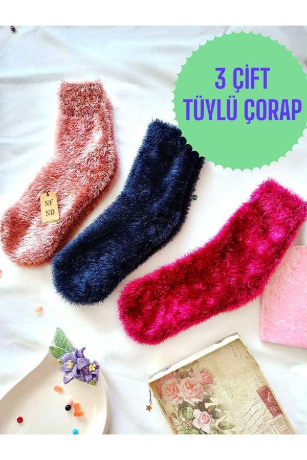 Enefendi 3 Çift Tüylü Kışlık Termal Patik Dikişsiz Çorap  Gül K Laci Fuşya 36-41. - Image 1