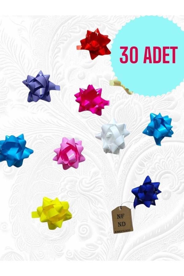 Enefendi 30 Adet 6Cm Fiyonk Hediye Paketi Süsü Parlak Renkte Karışık Yıldız Süs Rafya Yapışkanlı - Image 1