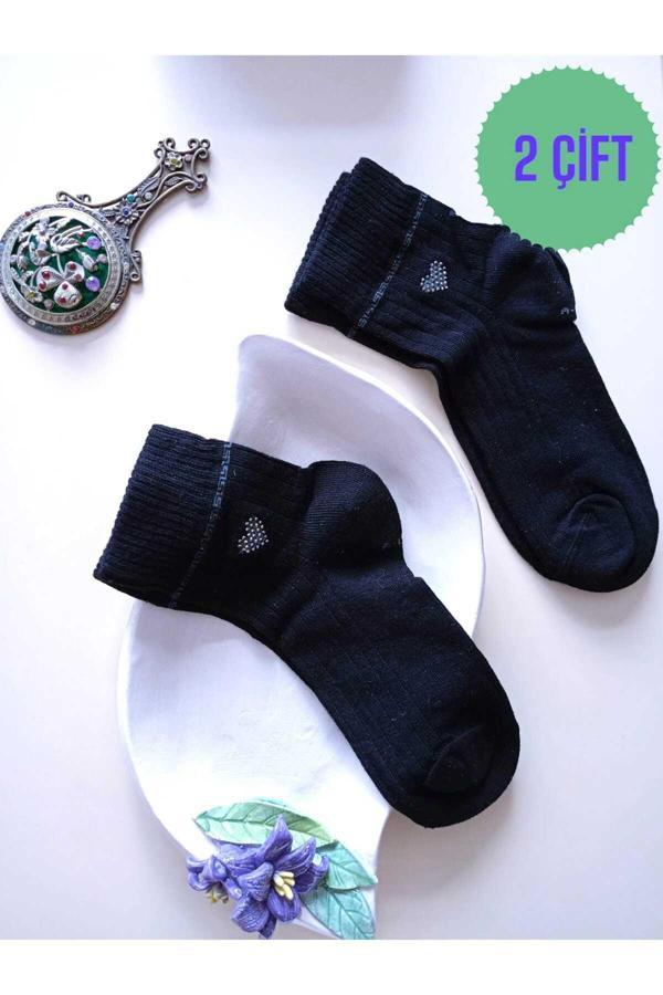 Enefendi 2 Çift Likralı Pamuklu Kokulu Kalp Taşlı Burun Dikişsiz Çorap Siyah Kadın Çorabı 36-40 - Image 1