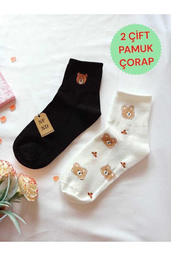 Enefendi 2 Çift Pamuklu Kokulu Teddy Kadın Çorap Yumuşak Dikişsiz Ayıcık Desen Ekru Ve Siyah Ara Konç 36 40 - Image 1