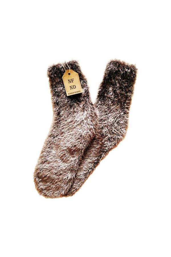 Enefendi Tüylü Kışlık Termal Çorap Dikişsiz Peluş Şık Rahat Kahverengi Ev-Parti Çorabı - Image 1