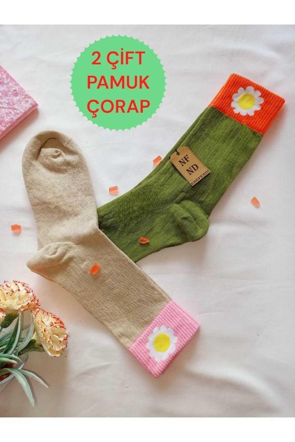 Enefendi 2 Çift Papatya Pamuklu Kokulu Kadın Çorap Yumuşak Dikişsiz Yeşil Kahve Soket 36 40 - Image 1