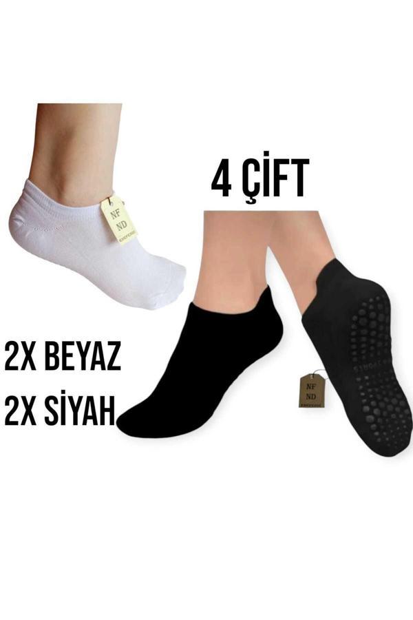 Enefendi Yoga Çorabı 4 Çift Pilates Tavaf Kaymaz Silikon Taban Pamuklu Kadın Dikişsiz Çorap Siyah Beyaz - Image 1