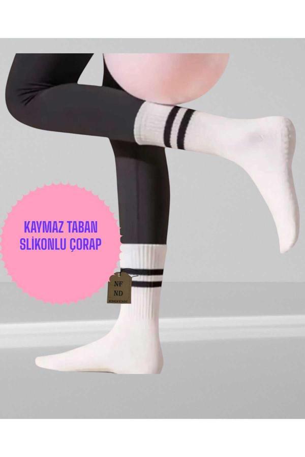 Enefendi Yoga Pilates Çorabı Tırtıklı Kadın Kaymaz Silikon Taban Pamuklu Soket Tenis Çorap Altı Havlulu Beyaz - Image 1