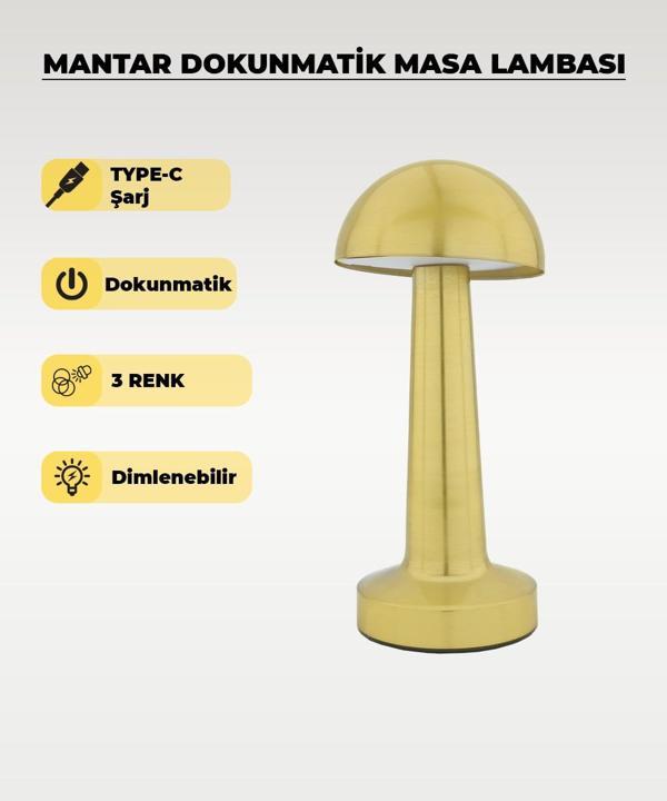 Gold Mantar Masa Lambası - Dokunmatik - 3 Renk Işık - Image 1