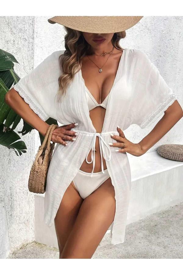 Melonika Kolları Dantel Göpürlü Belden Baglamalı Şifon Pamuklu Pla Elbisesi Beyaz L-XL - Image 1