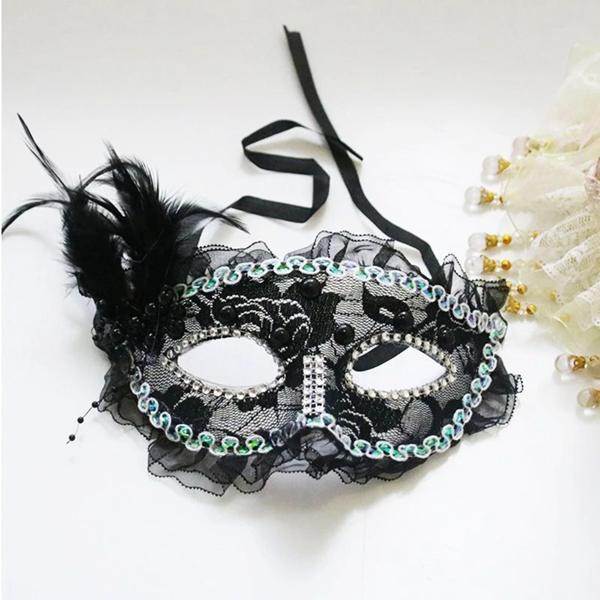 Büro Ev Ofis Balo Kostümü için 17x12CM Siyah Yandan Tüylü İncili Taşlı Dantelli Maske - Image 1