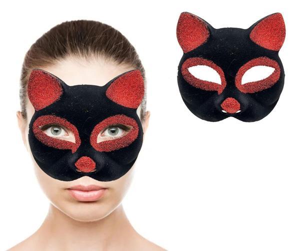Büro Ev Ofis Gösteri Kedi Kostümü için 18x14CM Siyah Kırmızı Simli Süet Kaplı Maske - Image 1