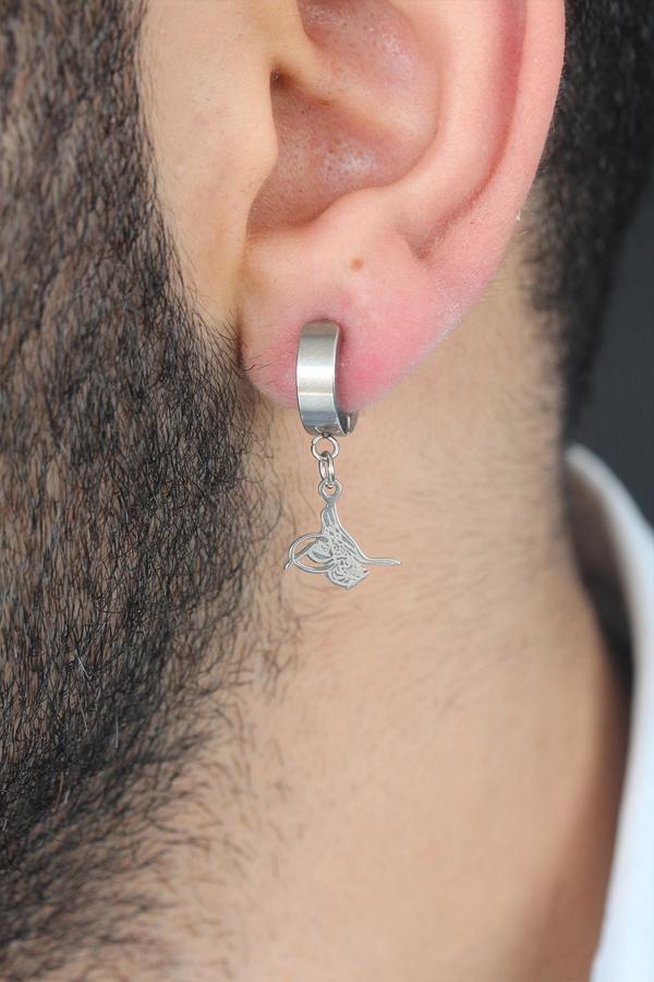 Bakımlı Erkek için Kıstırmalı Silver Çelik Osmanlı Tuğra Küpe - Image 1