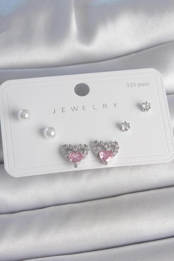 Zarif Kadın için Silver Pirinç 925 Ayar Çivili Zirkonlu İncili Kalp Küpe Seti - Image 1