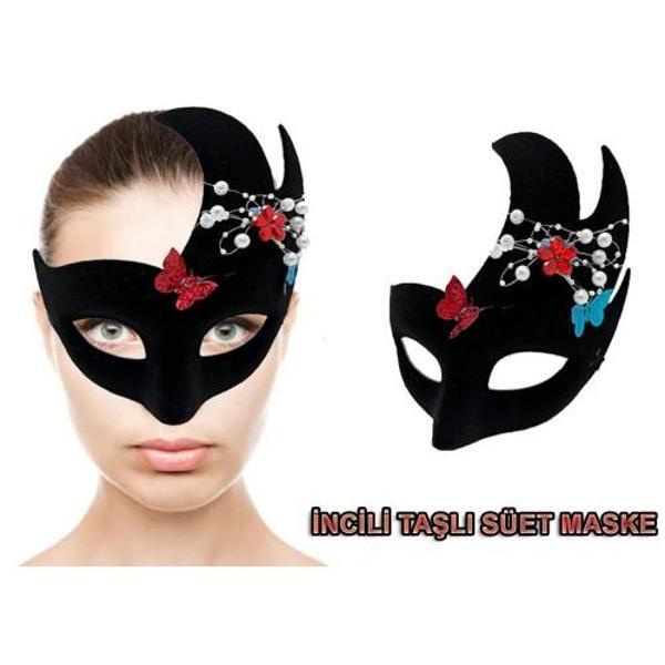 Büro Ev Ofis Etkinlik Gösteri Parti Kostümü için Siyah İncili Taşlı Süet Venedik Maske - Image 1