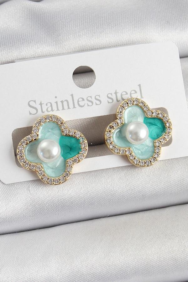 Zarif Kadın için Golden Pirinç Yeşil Mineli İncili Zirkonlu Portre Yonca Küpe - Image 1