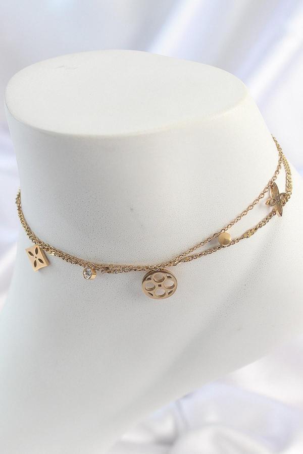 Zarif Kadın için Golden Çelik Çift Zincir Rüya Kapnı Zirkonlu Halhal - Image 1