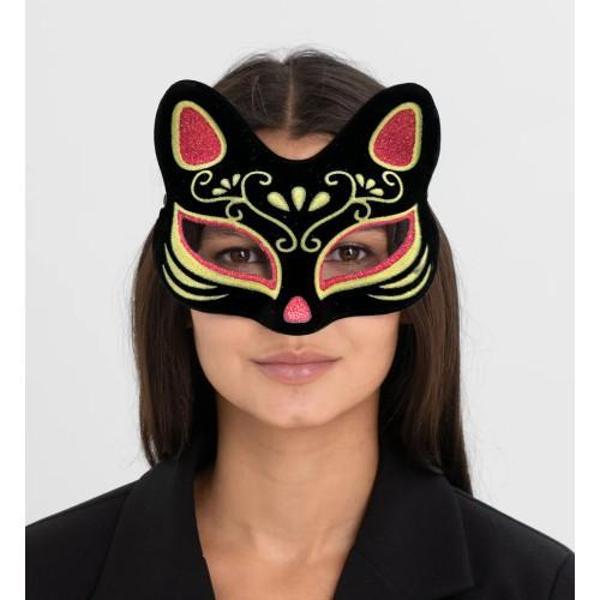 Büro Ev Ofis Etkinlik Gösteri Kedi Kostümü için Siyah Süet Kırmızı Sarı Simli Maske - Image 1