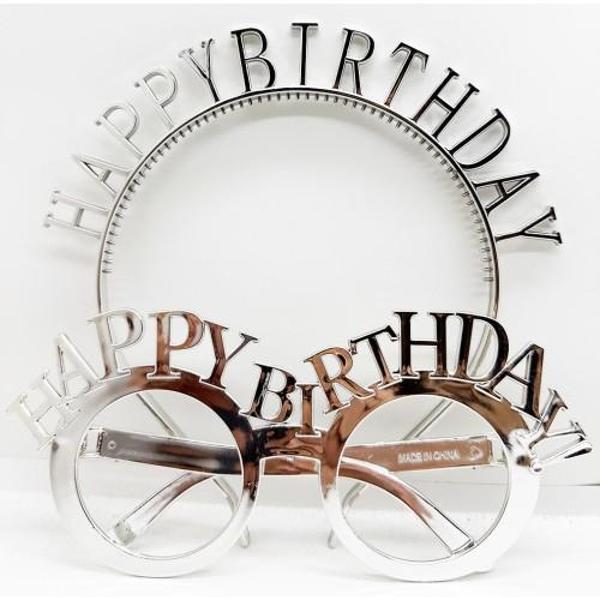 Büro Ev Ofis Parti Doğum Günü Kostümü için Silver Happy Birthday Taç Gözlük Seti - Image 1