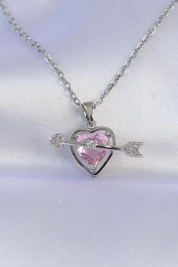 Celira Çelik Zincir Gümüş Renk Pembe Zirkon Taşlı Eros Kolye - Image 1
