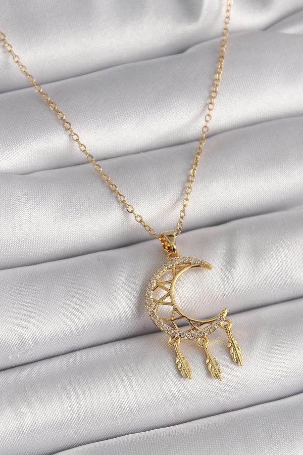 Celira Çelik Gold Renk Zincir Zirkon Taşlı Hilal Model Sallantı Yaprak Detay Kadın Kolye - Image 1