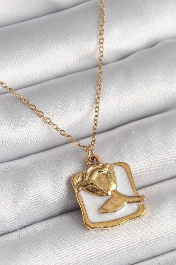Celira Çelik Gold Renk Zincir Beyaz Mineli Gül Portre Model Kadın Kolye - Image 1