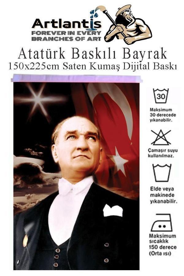 Atatürk Baskılı Türk Bayrağı 150x225 cm 1 Paket Bayraklı Atatürk Posteri Dijital Baskı Raşel Kumaş İç ve Dış Ortama Uygu - Image 1