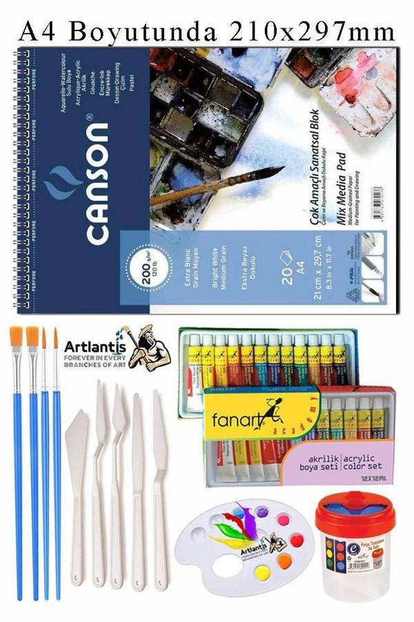 Canson Çok Amaçlı Sanatsal Blok A4 200 gr 20 Yaprak 1 Adet 12 Renk Akrilik Boya Fırça Palet Spatula Fırça Temizleme Kabı - Image 1