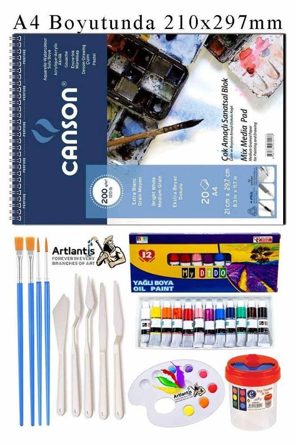 Canson Çok Amaçlı Sanatsal Blok A4 200 gr 20 Yaprak 1 Adet Mydido 12 Renk Yağlı Boya Fırça Palet Spatula Fırça Temizleme - Image 1