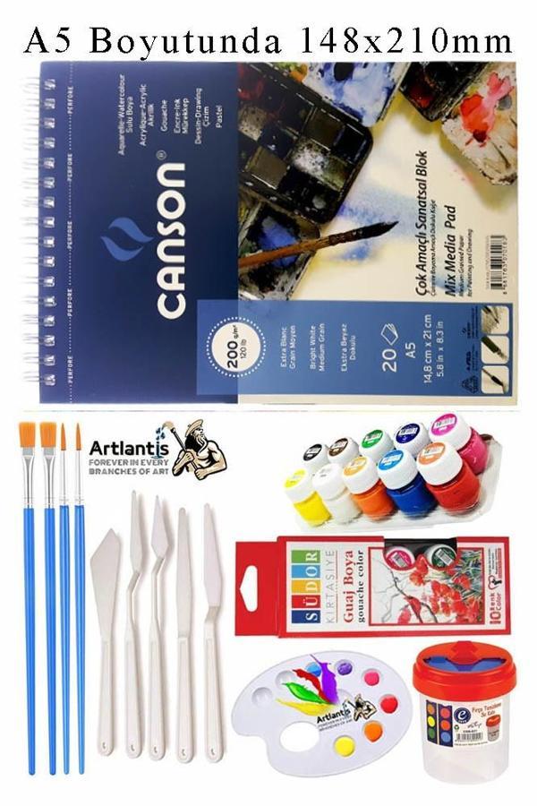 Canson Çok Amaçlı Sanatsal Blok A5 200 gr 20 Yaprak 1 Adet 10 Renk Guaj Boya Fırça Palet Spatula Fırça Temizleme Kabı - Image 1