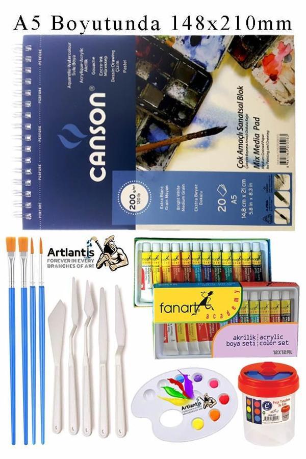 Canson Çok Amaçlı Sanatsal Blok A5 200 gr 20 Yaprak 1 Adet 12 Renk Akrilik Boya Fırça Palet Spatula Fırça Temizleme Kabı - Image 1