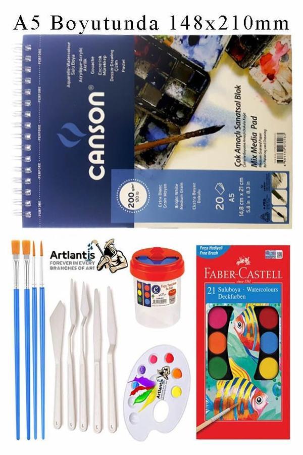 Canson Çok Amaçlı Sanatsal Blok A5 200 gr 20 Yaprak 1 Adet 21 Renk Sulu Boya Fırça Palet Spatula Fırça Temizleme Kabı - Image 1