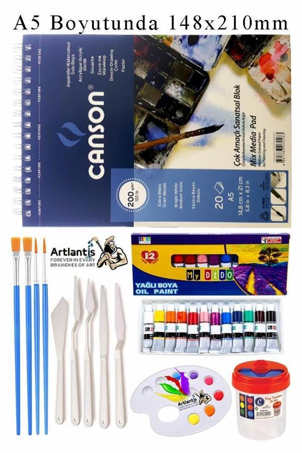 Canson Çok Amaçlı Sanatsal Blok A5 200 gr 20 Yaprak 1 Adet Mydido 12 Renk Yağlı Boya Fırça Palet Spatula Fırça Temizleme - Image 1
