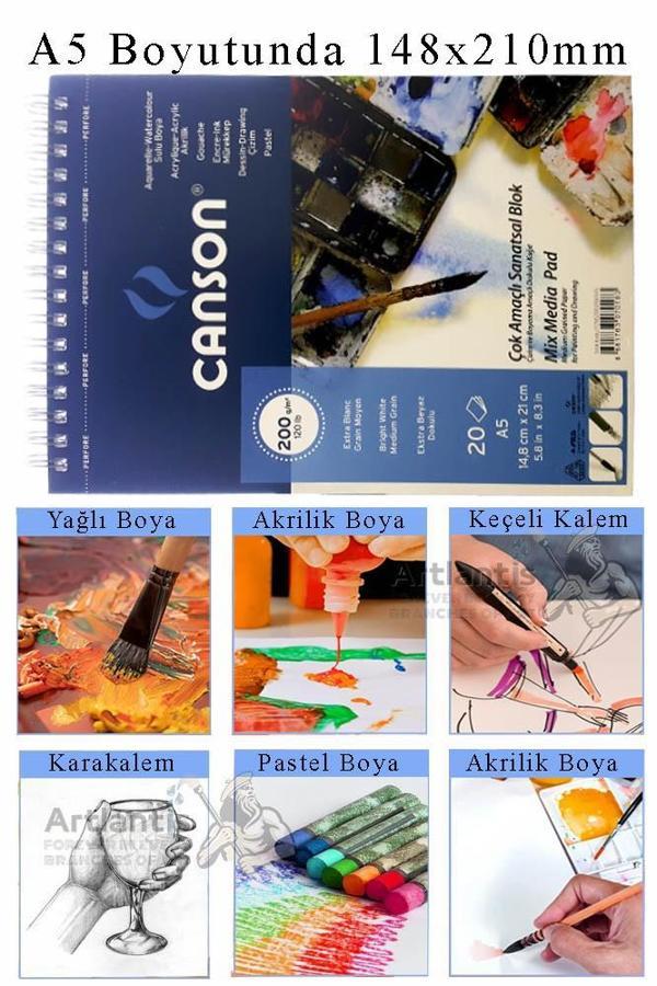Çok Amaçlı Sanatsal Blok A5 148x210 mm 200 gr 20 Yaprak 1 Adet Canson Resim Defteri Akrilik Yağlı Guaj Keçeli Sulu Boya - Image 1