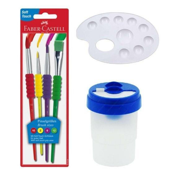 Fırça Seti 4 lü Fırça Temizleme Kabı ve Resim Paleti 1 Adet Faber Castell Fırça Takımı ve Resim Paleti Su Kabı - Image 1