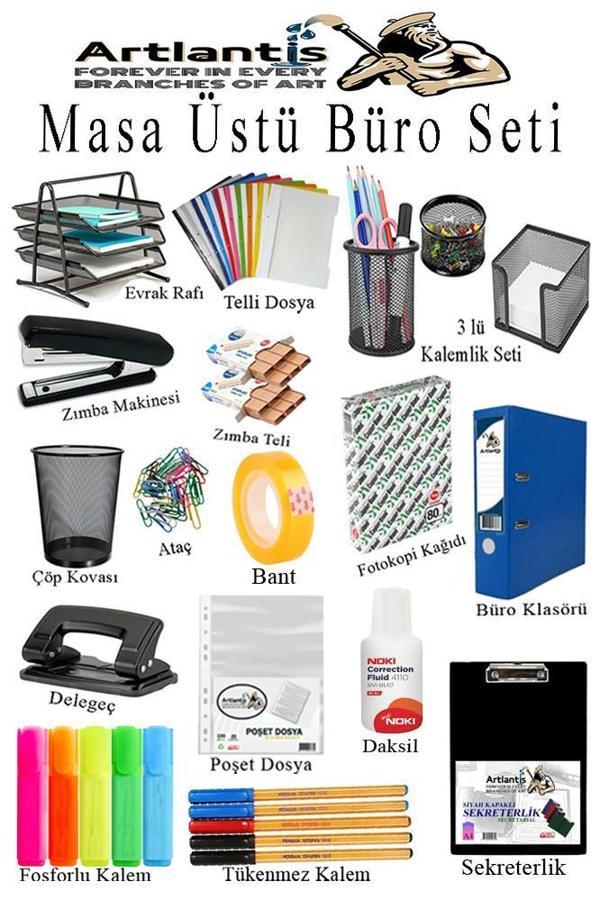 Masa Üstü Ofis Paketi 18 Parça Fotokopi Kağıdı Metal Evrak Rafı Metal Kalemlik Zımba Makinesi Teli Delegeç Çöp Kovası Kü - Image 1