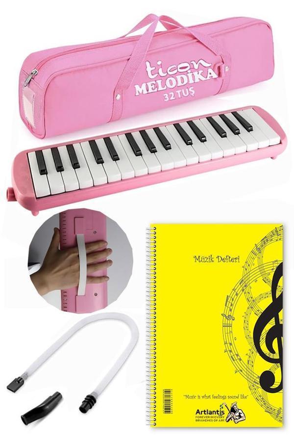 Melodika 32 Tuşlu Pembe Bez Çantalı 1 Adet Müzik Defteri A4 Plastik Kapak 40 Yaprak Spralli 1 Adet Hortumlu Melodika Ask - Image 1