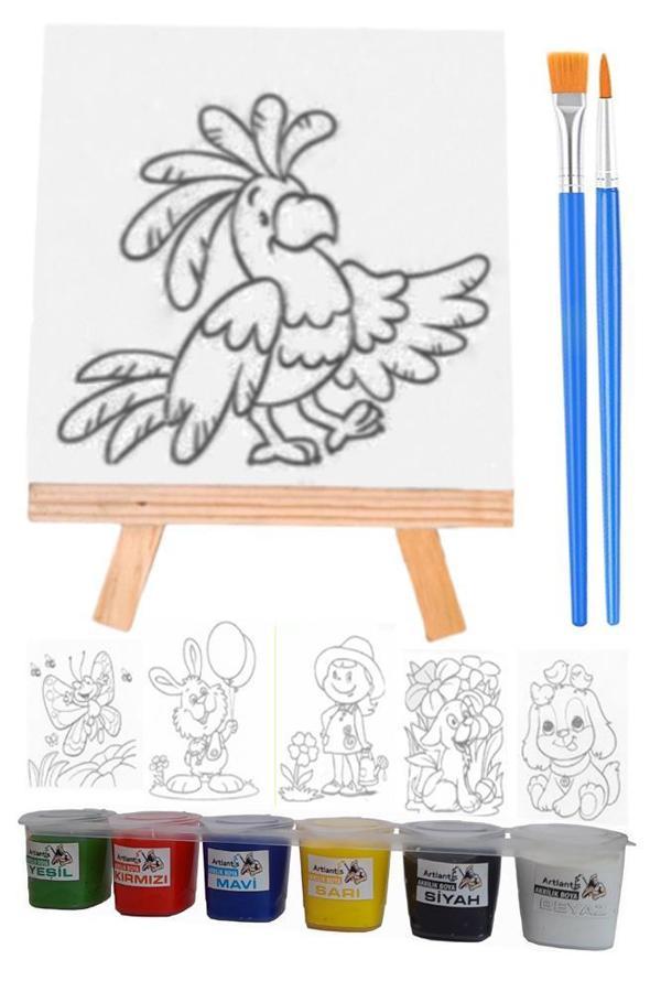 Mini Boyama Seti 6 Farklı Model 15x15cm Kompozit Plaka 6 Renk Akrilik Boya Mini Şövale Seti Fırça - Image 1