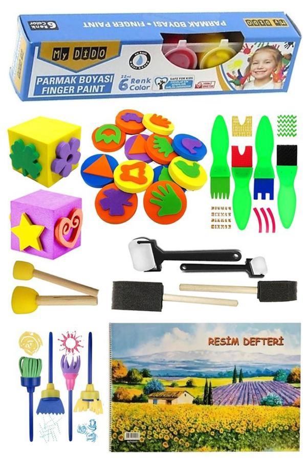 Parmak Boyası 6 Renk Mydido Resim Defteri 25x35 Sünger Eva Baskı Damga Spatula Rulo Kesik Sünger Eva Okul Öncesi - Image 1