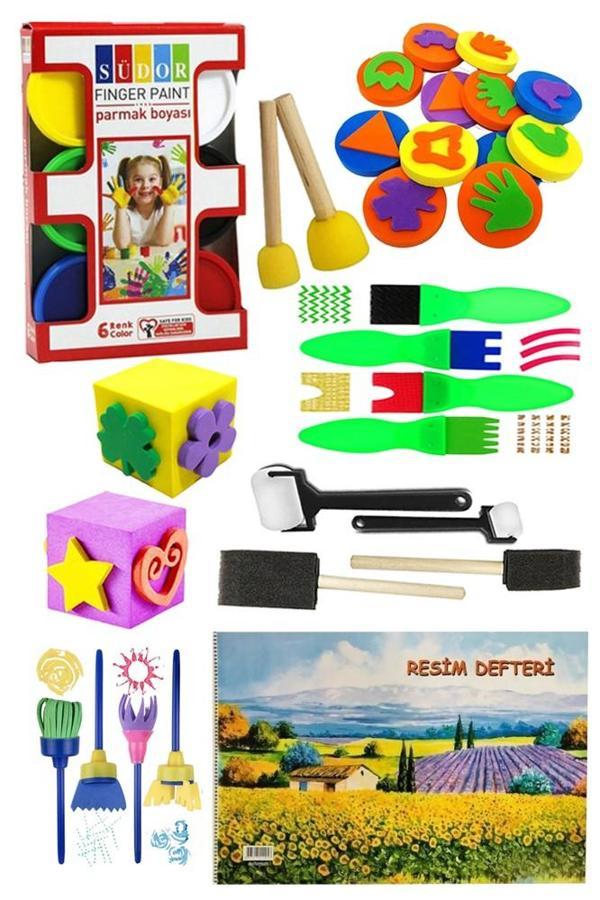 Parmak Boyası 6 Renk Südor Resim Defteri 25x35 Sünger Eva Baskı Damga Spatula Rulo Kesik Sünger Eva Okul Öncesi - Image 1