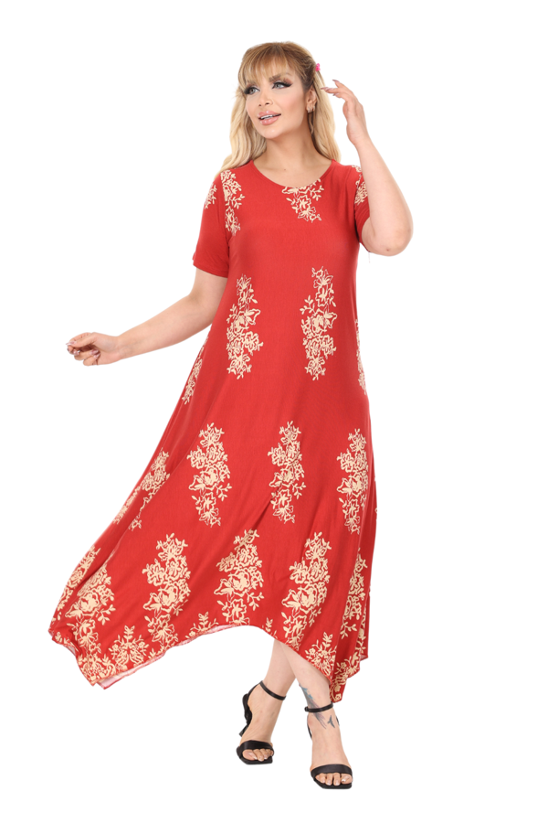 Melsay Butik Narçiçeği Pano Desen Asimetrik Kısa Kollu Elbise - Image 1