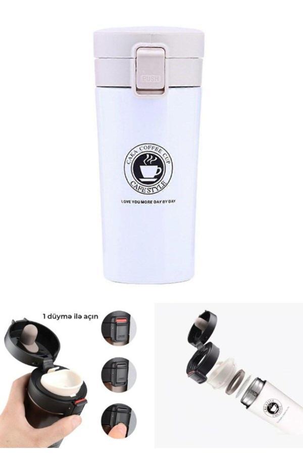 12 Saate Kadar Sıcak Soğuk Tutma Filtreli Çift Katmanlı Beyaz Mug Termos 380 ML Kamp Termosu SUS 304 - Image 1
