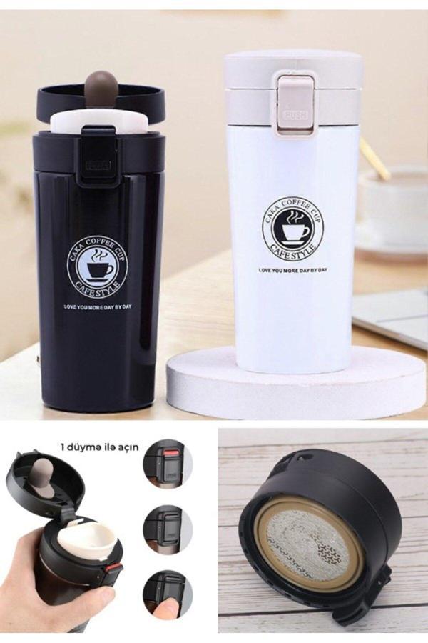 12 Saate Kadar Sıcak Soğuk Tutma Filtreli Çift Katmanlı 2 Adet Siyah Beyaz İnox Mug Termos  380ML - Image 1