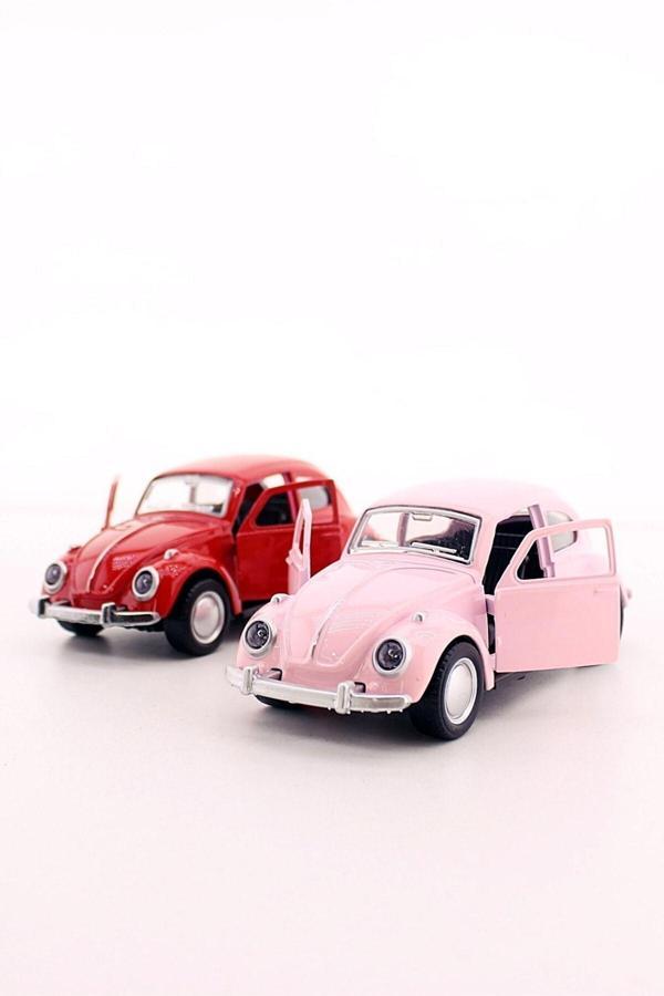 Dekoratif Nostaljik Hediye 2 Adet Çek-bırak Metal Vosvos Araba Dıe Cast Büyük Boy 12cm Pembe Kırmızı - Image 1