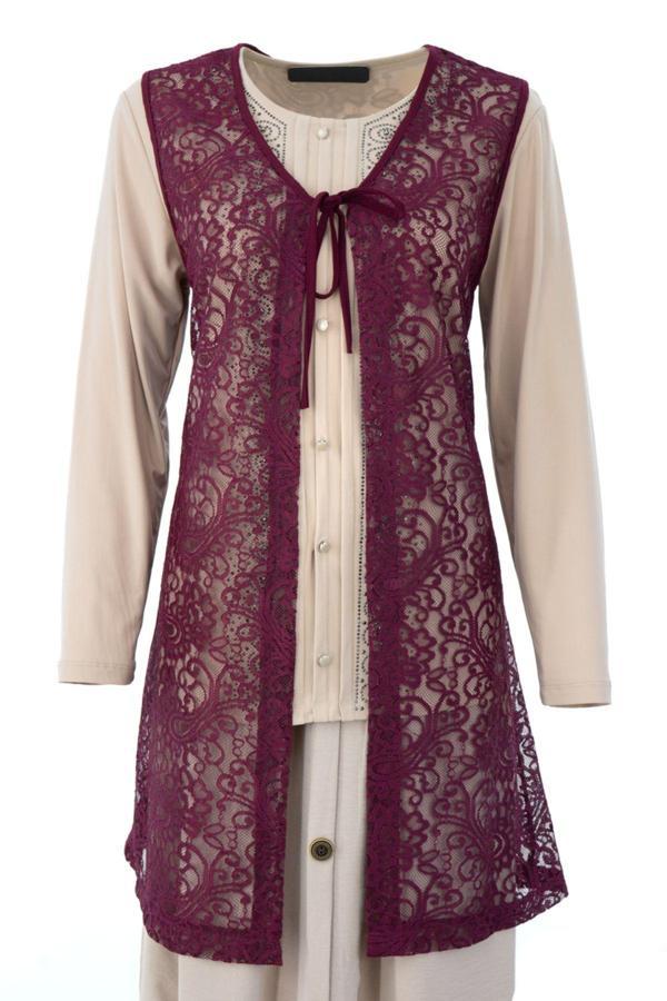 Oppland Kadın Yelek Şık ve Modern Kendinden Desenli V Yakalı Önden Bağcıklı Tül Kumaş Rahat Kesim - Image 1