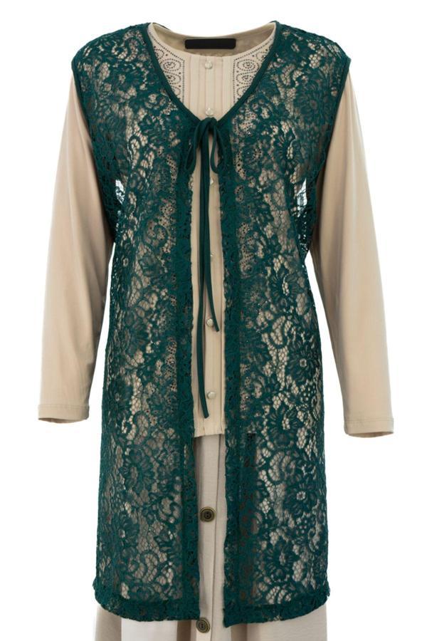 Oppland Kadın Yelek Şık ve Modern Kendinden Desenli V Yakalı Önden Bağcıklı Tül Kumaş Rahat Kesim - Image 1