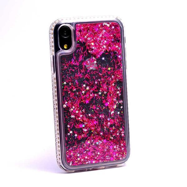 İPhone XR Uyumlu Yanları Taşlı Sulu Simli Lüx Silikon Kılıf - Pembe - Image 1