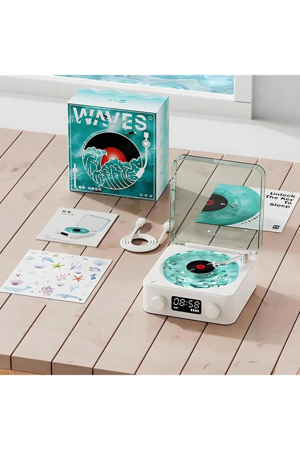 Waves Nostalji Plak Görünümlü Bluetooth Hoparlör 3d Ses Dalgası Retro Müzik Plak Mavi - Image 1